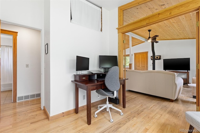 270 31st St, Boulder, CO 80305 - office area featuring light wood-style flooring, ceiling fan, baseboards, high vaulted ceiling, and wooden ceiling with exposed beams