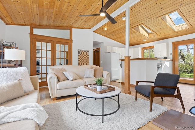 270 31st St, Boulder, CO 80305 - living room with a skylight, vaulted ceiling, wooden ceiling, light wood-type flooring, and ceiling fan