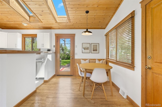 270 31st St, Boulder, CO 80305 - dining space featuring a skylight, wood ceiling, light wood-style floors, wainscoting, and lofted ceiling