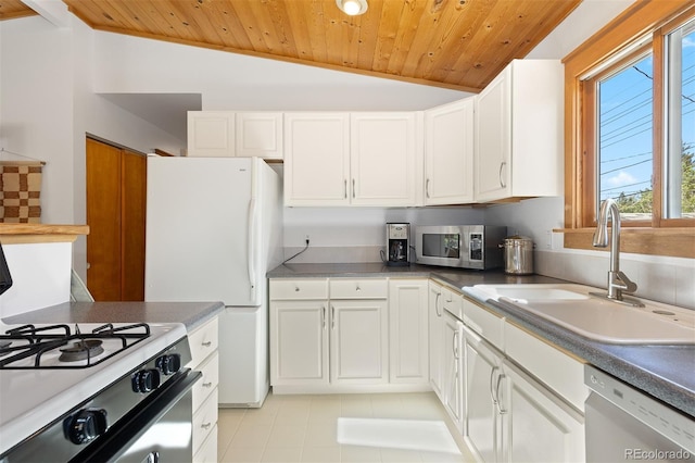 270 31st St, Boulder, CO 80305 - kitchen with stainless steel appliances, wooden ceiling, lofted ceiling, a sink, and white cabinets