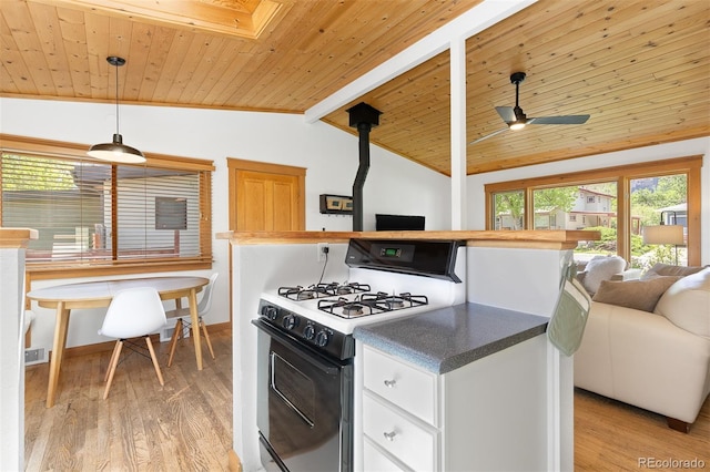 270 31st St, Boulder, CO 80305 - kitchen with range with gas stovetop, wooden ceiling, open floor plan, lofted ceiling, and light wood finished floors