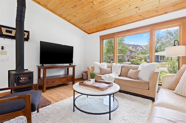 270 31st St, Boulder, CO 80305 - living area featuring vaulted ceiling, wood ceiling, wood finished floors, a wood stove, and baseboards
