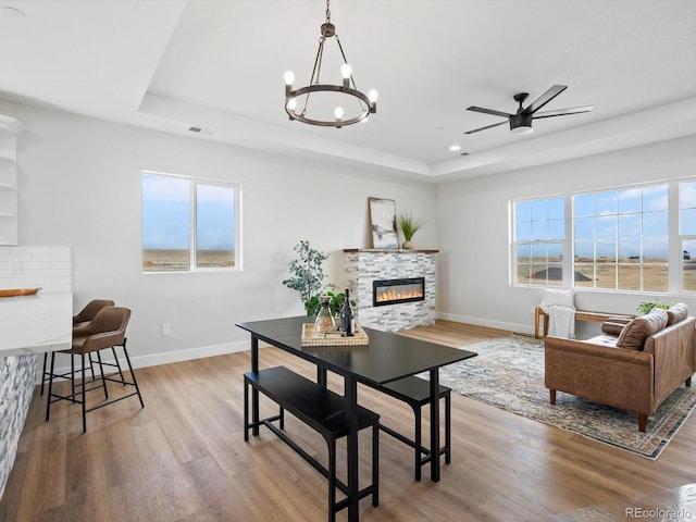 living room featuring a glass covered fireplace, wood finished floors, a wealth of natural light, and a raised ceiling
