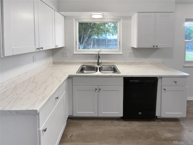 18306 E Gunnison Pl, Aurora, CO 80017 - kitchen with dishwasher, white cabinets, wood finished floors, and light stone countertops