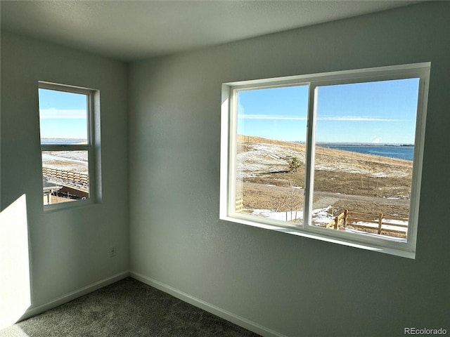 spare room featuring carpet flooring and a water view