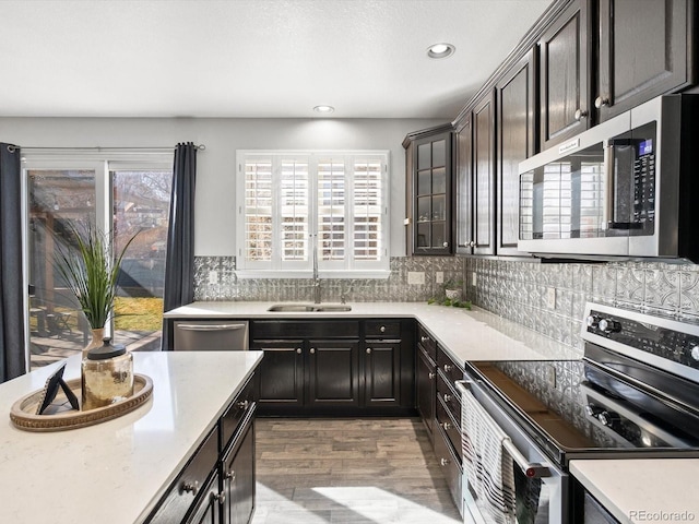 kitchen with appliances with stainless steel finishes, tasteful backsplash, sink, dark brown cabinets, and light hardwood / wood-style flooring