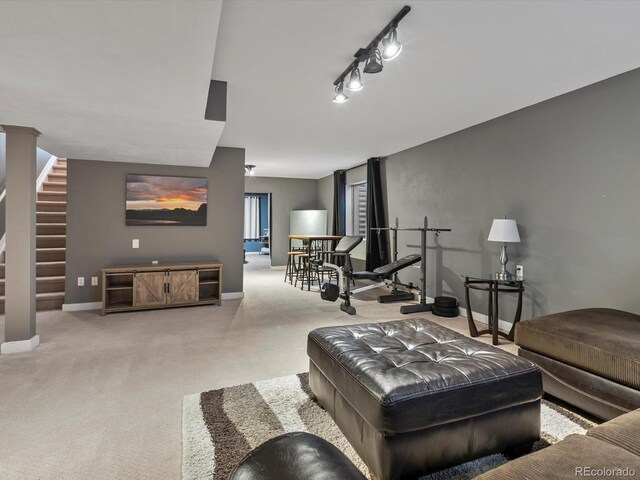 living room featuring light carpet and rail lighting