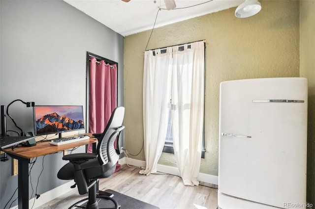 office space featuring ceiling fan, a wealth of natural light, and light hardwood / wood-style flooring