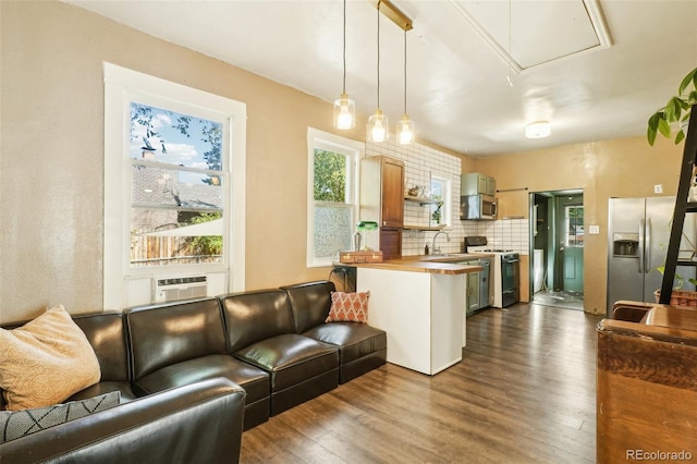 living room featuring dark hardwood / wood-style flooring, cooling unit, and sink