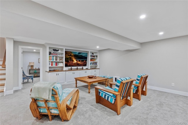 13 Pinyon Pine Rd, Littleton, CO 80127 - living room with light colored carpet, recessed lighting, baseboards, and stairs