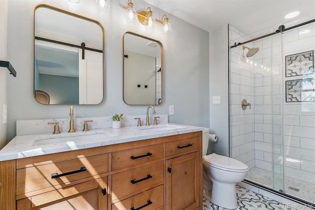 full bath featuring a shower stall, toilet, double vanity, and tile patterned flooring