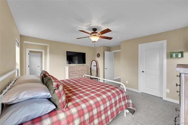 bedroom featuring baseboards, carpet, and ceiling fan