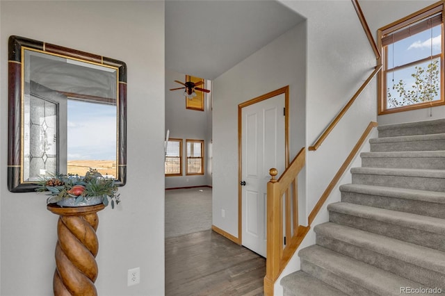 6696 Sunset Cir, Kiowa, CO 80117 - staircase with a ceiling fan, wood finished floors, and baseboards