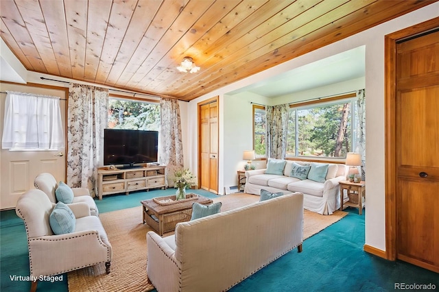 5818 S Skyline Dr, Evergreen, CO 80439 - living room with carpet flooring and wood ceiling
