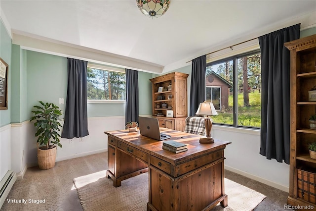 5818 S Skyline Dr, Evergreen, CO 80439 - office featuring baseboard heating, light carpet, and plenty of natural light