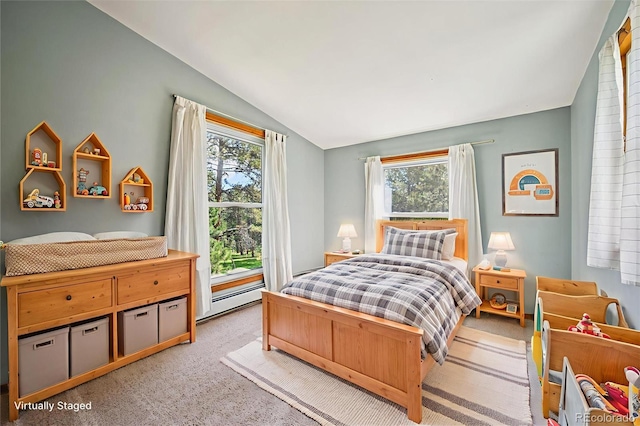5818 S Skyline Dr, Evergreen, CO 80439 - bedroom with vaulted ceiling, light colored carpet, and multiple windows