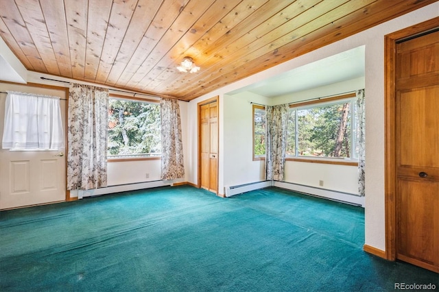 5818 S Skyline Dr, Evergreen, CO 80439 - carpeted foyer featuring a baseboard radiator and wood ceiling