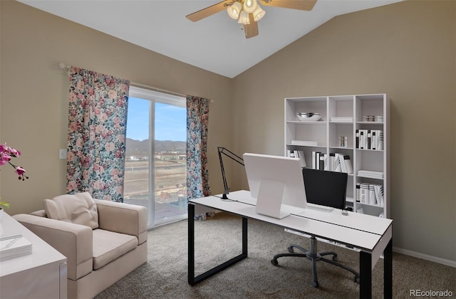 1343 Villa Grv, Monument, CO 80132 - carpeted home office with a ceiling fan, lofted ceiling, and baseboards