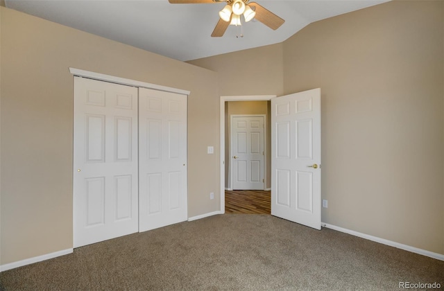 1343 Villa Grv, Monument, CO 80132 - unfurnished bedroom with carpet, vaulted ceiling, baseboards, a closet, and ceiling fan