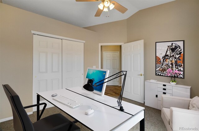 1343 Villa Grv, Monument, CO 80132 - carpeted office space with ceiling fan, vaulted ceiling, and baseboards