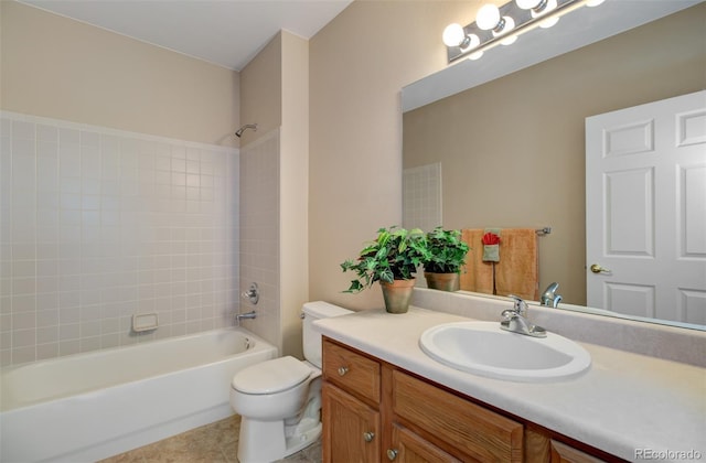 1343 Villa Grv, Monument, CO 80132 - full bathroom with toilet, vanity, shower / bathtub combination, and tile patterned floors
