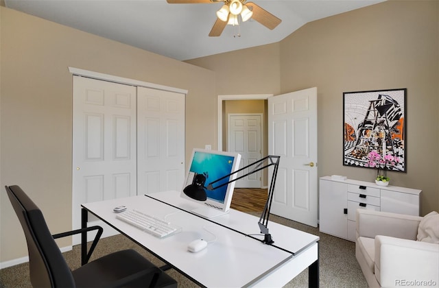 1343 Villa Grv, Monument, CO 80132 - home office featuring a ceiling fan, lofted ceiling, and carpet flooring