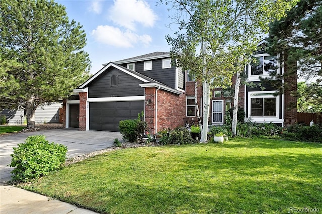 5731 S Yampa St, Centennial, CO 80015 - traditional-style house featuring concrete driveway, a front lawn, brick siding, and an attached garage