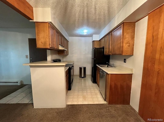 kitchen with sink, baseboard heating, stainless steel dishwasher, kitchen peninsula, and black range with electric cooktop