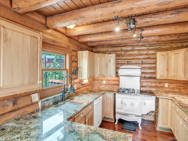 1000 Lodgepole Dr, Evergreen, CO 80439 - kitchen with light brown cabinetry, open shelves, dishwasher, wood finished floors, and a wood ceiling with exposed beams