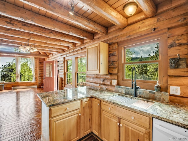 1000 Lodgepole Dr, Evergreen, CO 80439 - kitchen featuring dishwasher, plenty of natural light, a baseboard heating unit, log walls, and a wood ceiling with exposed beams