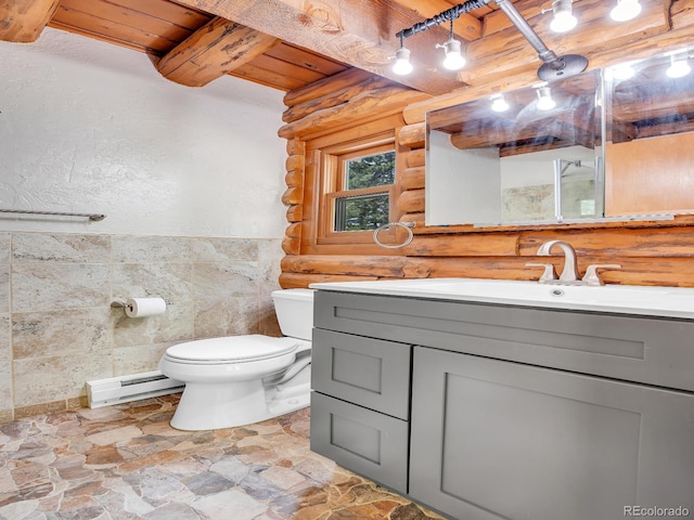 1000 Lodgepole Dr, Evergreen, CO 80439 - full bath featuring a baseboard radiator, rustic walls, a wooden ceiling with exposed beams, a shower, and stone finish flooring