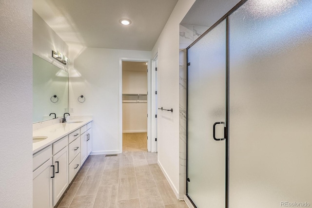 full bathroom featuring a walk in closet, baseboards, double vanity, a stall shower, and a sink