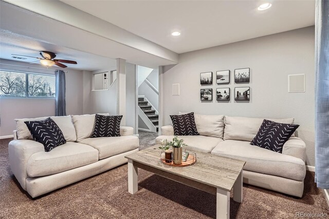 living room with stairs, baseboards, ceiling fan, recessed lighting, and carpet