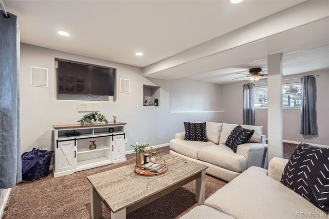 living room featuring ceiling fan, carpet, recessed lighting, baseboards, and visible vents