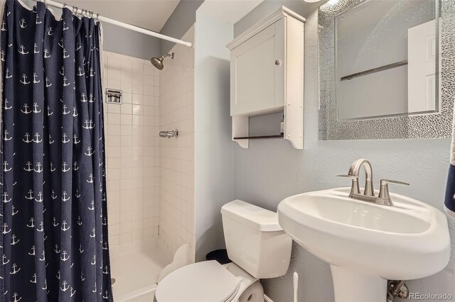 bathroom with a sink, toilet, and a shower stall