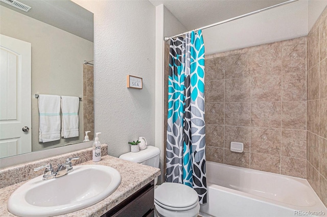 full bathroom with vanity, toilet, and shower / bathtub combination with curtain