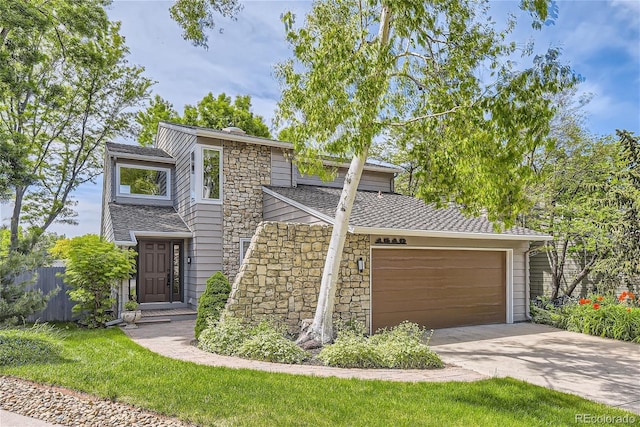 1540 W Briarwood Ave, Littleton, CO 80120 - mid-century home with stone siding, concrete driveway, a garage, fence, and roof with shingles