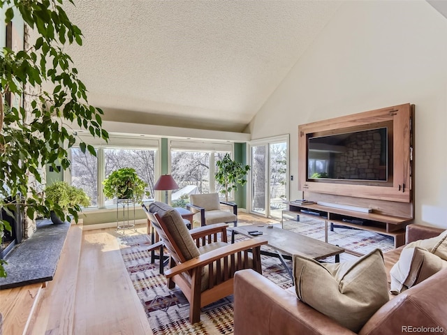 1540 W Briarwood Ave, Littleton, CO 80120 - living area with wood finished floors, a textured ceiling, and high vaulted ceiling