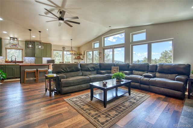 61 Country Sky Ln, Estes Park, CO 80517 - living area featuring a ceiling fan, dark wood-type flooring, and lofted ceiling