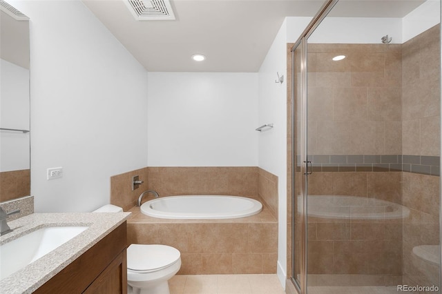 3301 Arapahoe Ave Unit 411, Boulder, CO 80303 - bathroom with vanity, a bath, a shower stall, and recessed lighting