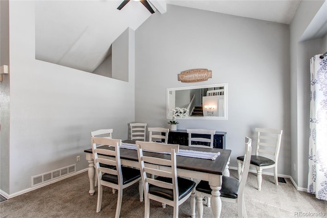 4483 S Fundy St, Centennial, CO 80015 - dining room featuring ceiling fan, carpet flooring, high vaulted ceiling, and beamed ceiling