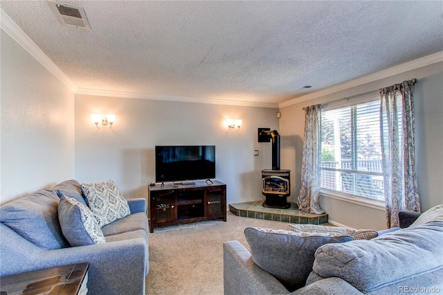 4483 S Fundy St, Centennial, CO 80015 - living area featuring a wood stove, a textured ceiling, ornamental molding, and carpet flooring