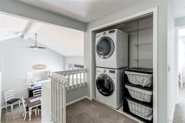 4483 S Fundy St, Centennial, CO 80015 - laundry area with stacked washer / drying machine, carpet flooring, a textured ceiling, and a ceiling fan