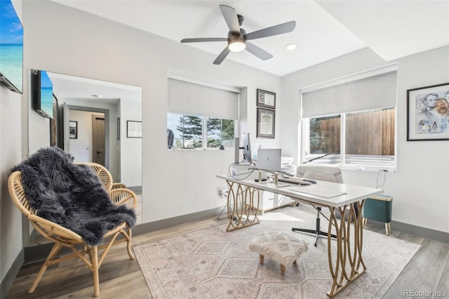 home office with wood finished floors, ceiling fan, recessed lighting, and baseboards
