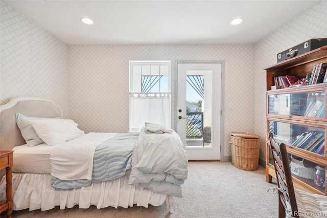 1455 Flowers Ct, Erie, CO 80516 - bedroom featuring recessed lighting, carpet, access to exterior, and wallpapered walls