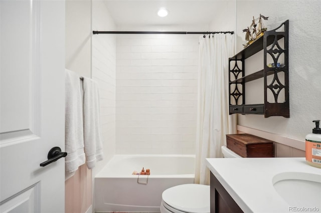 1455 Flowers Ct, Erie, CO 80516 - full bathroom with shower / bath combo with shower curtain, vanity, a textured wall, toilet, and recessed lighting
