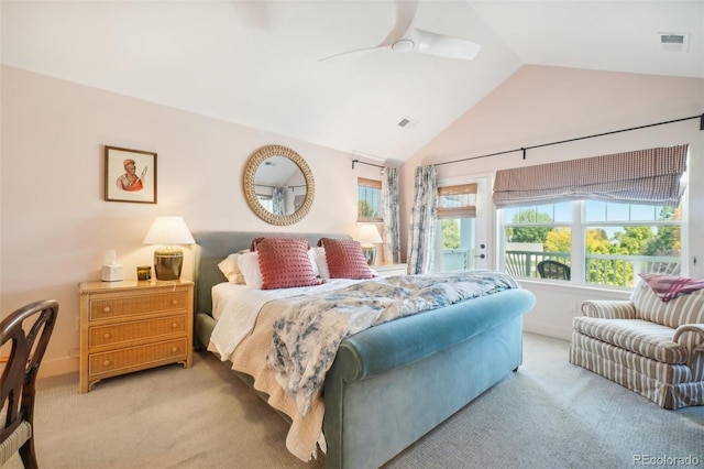 1455 Flowers Ct, Erie, CO 80516 - carpeted bedroom with visible vents, ceiling fan, and vaulted ceiling