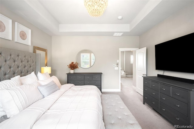 23421 E Rockinghorse Pkwy, Aurora, CO 80016 - bedroom with light carpet, a raised ceiling, and a chandelier