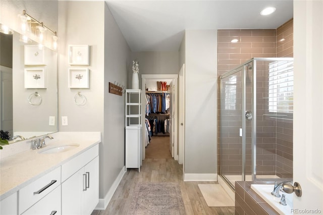 23421 E Rockinghorse Pkwy, Aurora, CO 80016 - full bath featuring a stall shower, vanity, wood finished floors, a spacious closet, and a bath