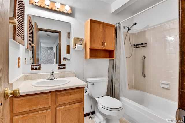 full bathroom with toilet, vanity, and shower / tub combo with curtain